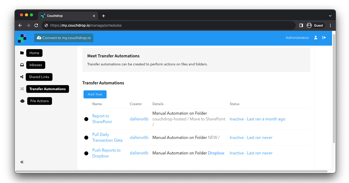 File automations in Couchdrop, an alternative to SolarWinds Serv-U